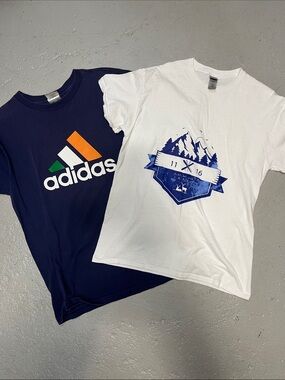 adidas Navy Short Sleeve Tee with Multicolor Logo JARED white t shirt M Two tees